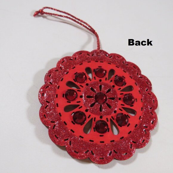 Red Circle Medallion Laser Cut Wooden Ornament with Rhinestones Hangs - Picture 4 of 7